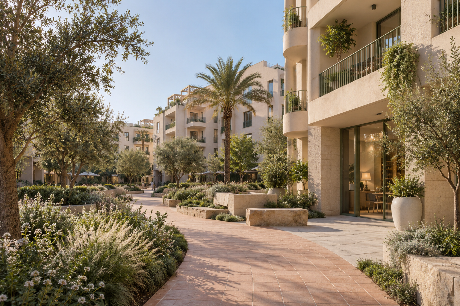 Illustrative limestone buildings around a landscaped courtyard